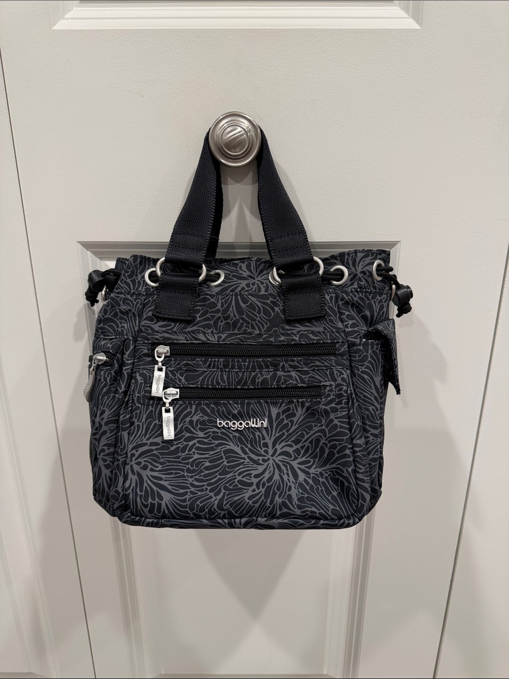 Baggallini Black Floral Mini Tote with Silver Hardware
